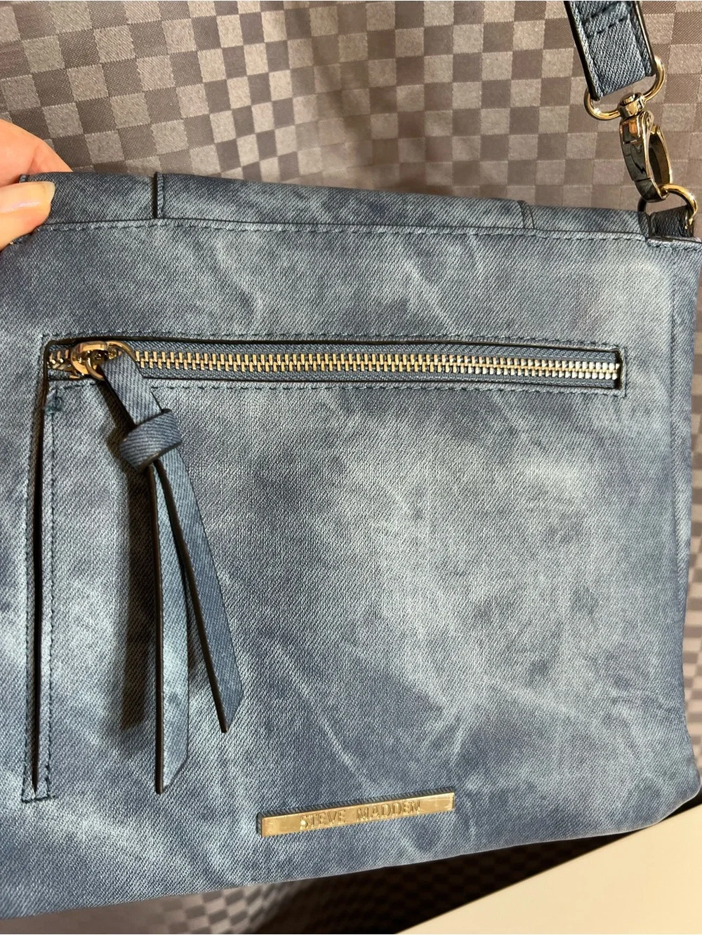 STEVE MADDEN Denim Blue Crossbody Flap Purse Bag Faux Leather Metallic Studs